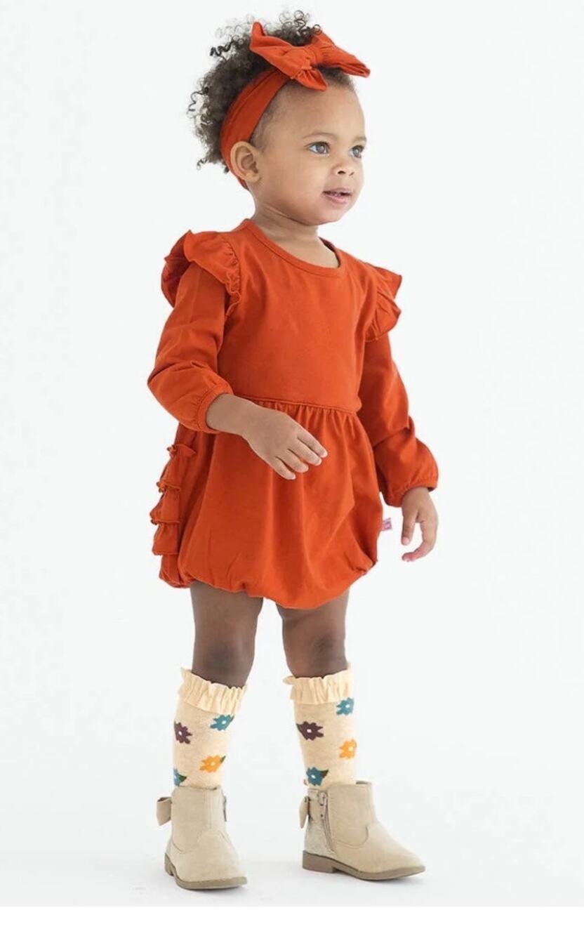 RuffleButts Baby Girls Rust Knit Long Sleeve Flutter Bubble Romper 18-24M